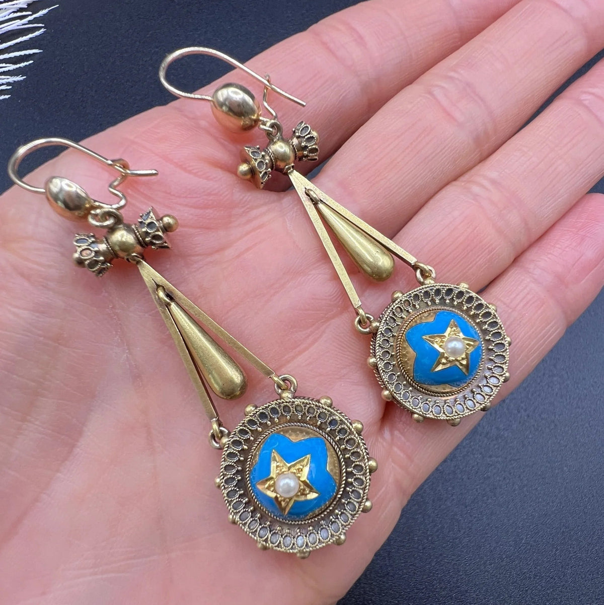 Early Victorian Antique Pearl and Turquoise Enamel Star Drop Earrings