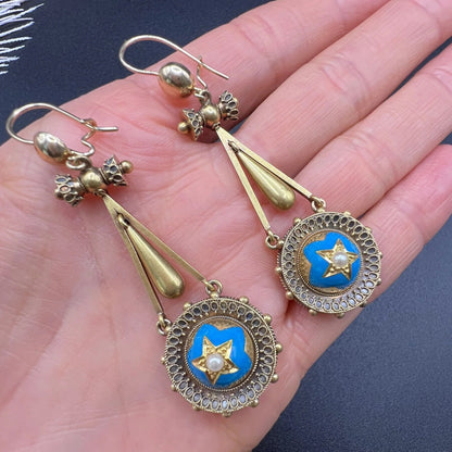 Early Victorian Antique Pearl and Turquoise Enamel Star Drop Earrings