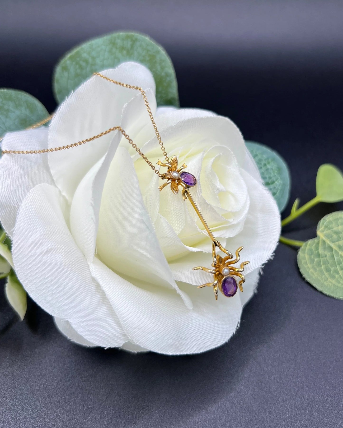 Antique 9 ct Gold, Edwardian Amethyst Spider And Fly Bug Pendant Necklace