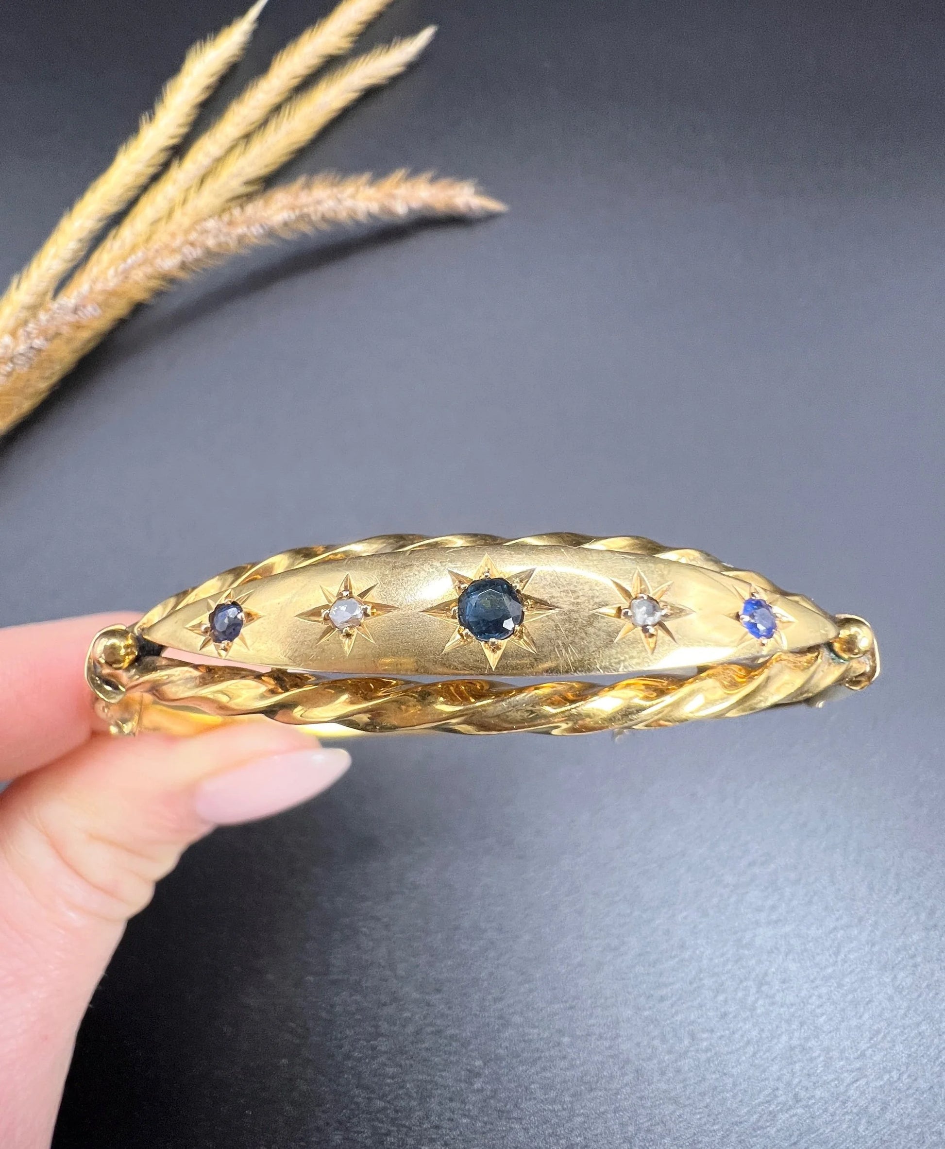 Antique 9 ct Yellow Gold, Edwardian Star Set Sapphire And Diamond Bangle