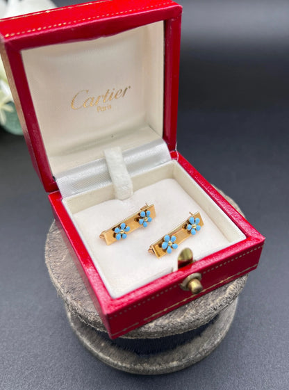 Antique 14 ct Gold, 1920's Cartier Turquoise Enamel Forget Me Not Collar Pins