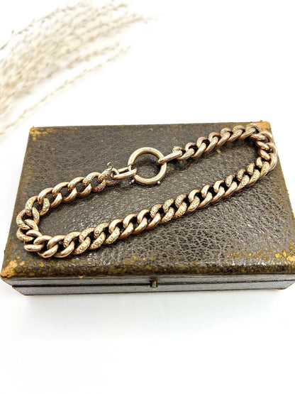 Edwardian 9 Carat Rose Gold Night and Day Floral Curb Bracelet with Large Bolt Ring