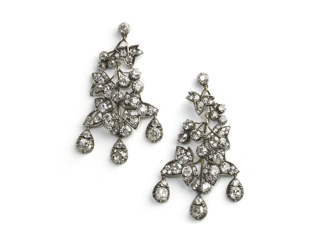 Antique Victorian Diamond Ivy & Silver-Upon-Gold Drop Earrings