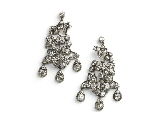 Antique Victorian Diamond Ivy & Silver-Upon-Gold Drop Earrings