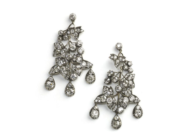 Antique Victorian Diamond Ivy & Silver-Upon-Gold Drop Earrings
