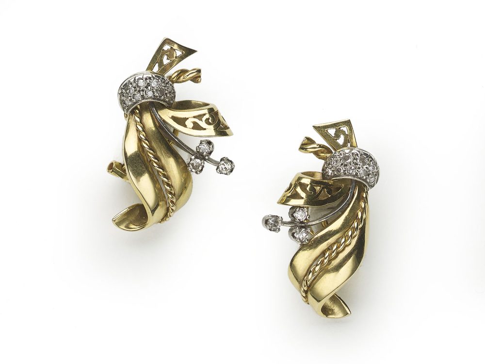 Vintage Diamond White and Yellow Gold Ear Clips, circa 1950s