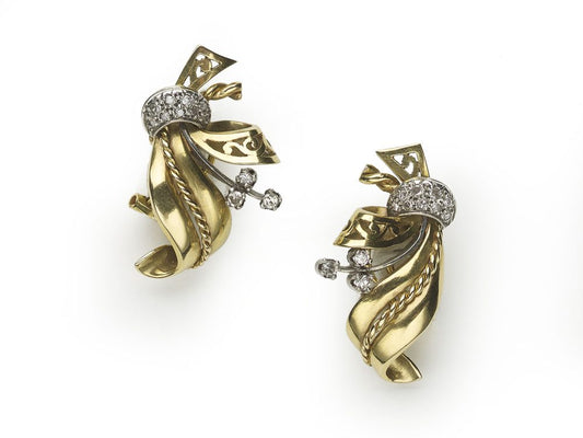 Vintage Diamond White and Yellow Gold Ear Clips, circa 1950s