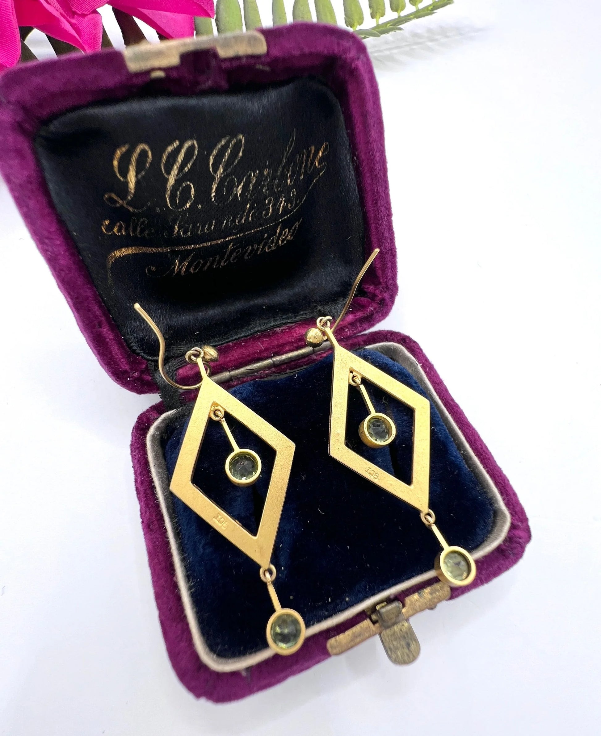 Edwardian 9 Carat Gold Peridot and Seed Pearl Drop Earrings, Circa 1910