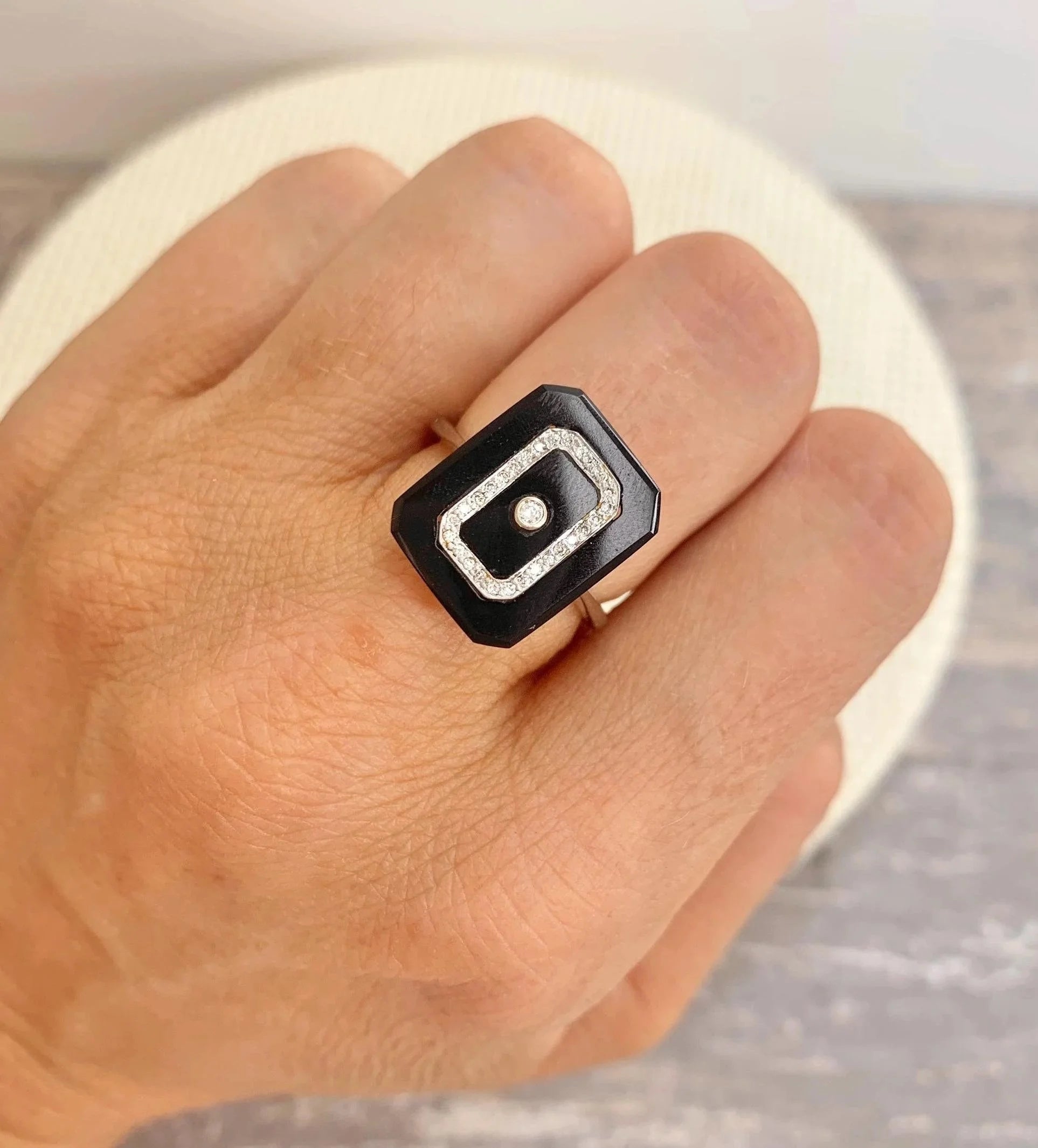 Antique 18ct White Gold, 1920s Art Deco Onyx & Diamond Rectangular Shaped Ring