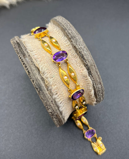 Antique Art Nouveau 15 Carat Yellow Gold Amethyst and Seed Pearl Two Row Bracelet