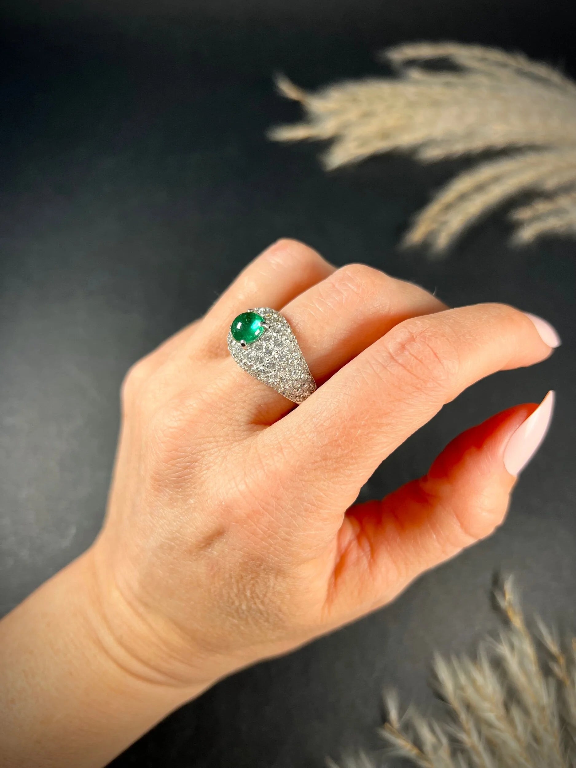 Vintage French Cabochon Emerald and Diamond Cluster Bombe Ring, Circa 1940s