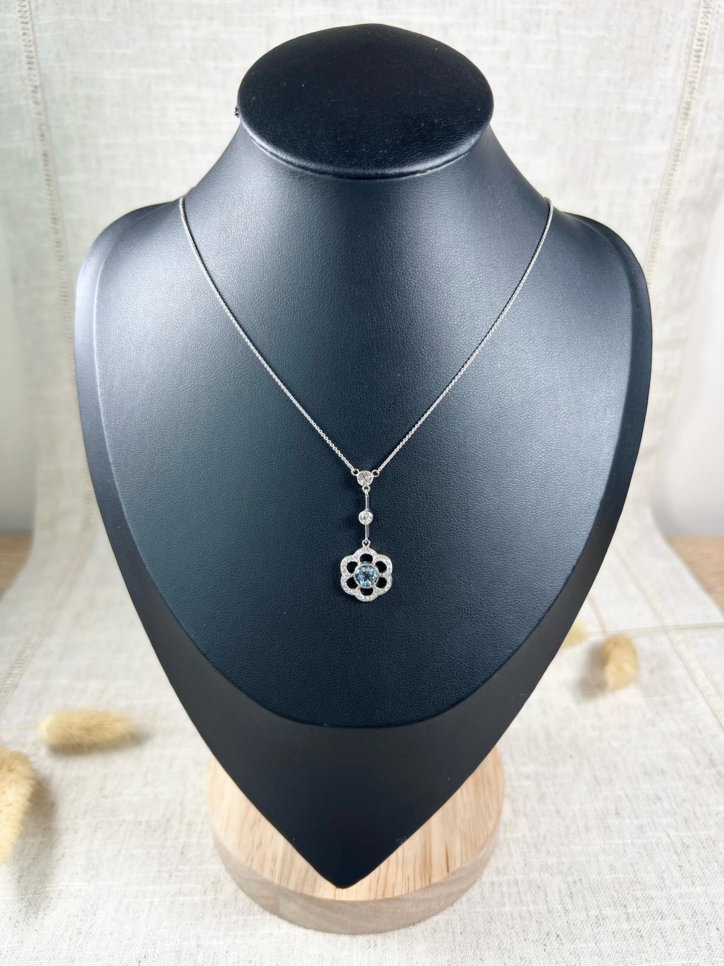 Antique 18 ct White Gold Aquamarine And Diamond Articulated Flower Pendant Necklace