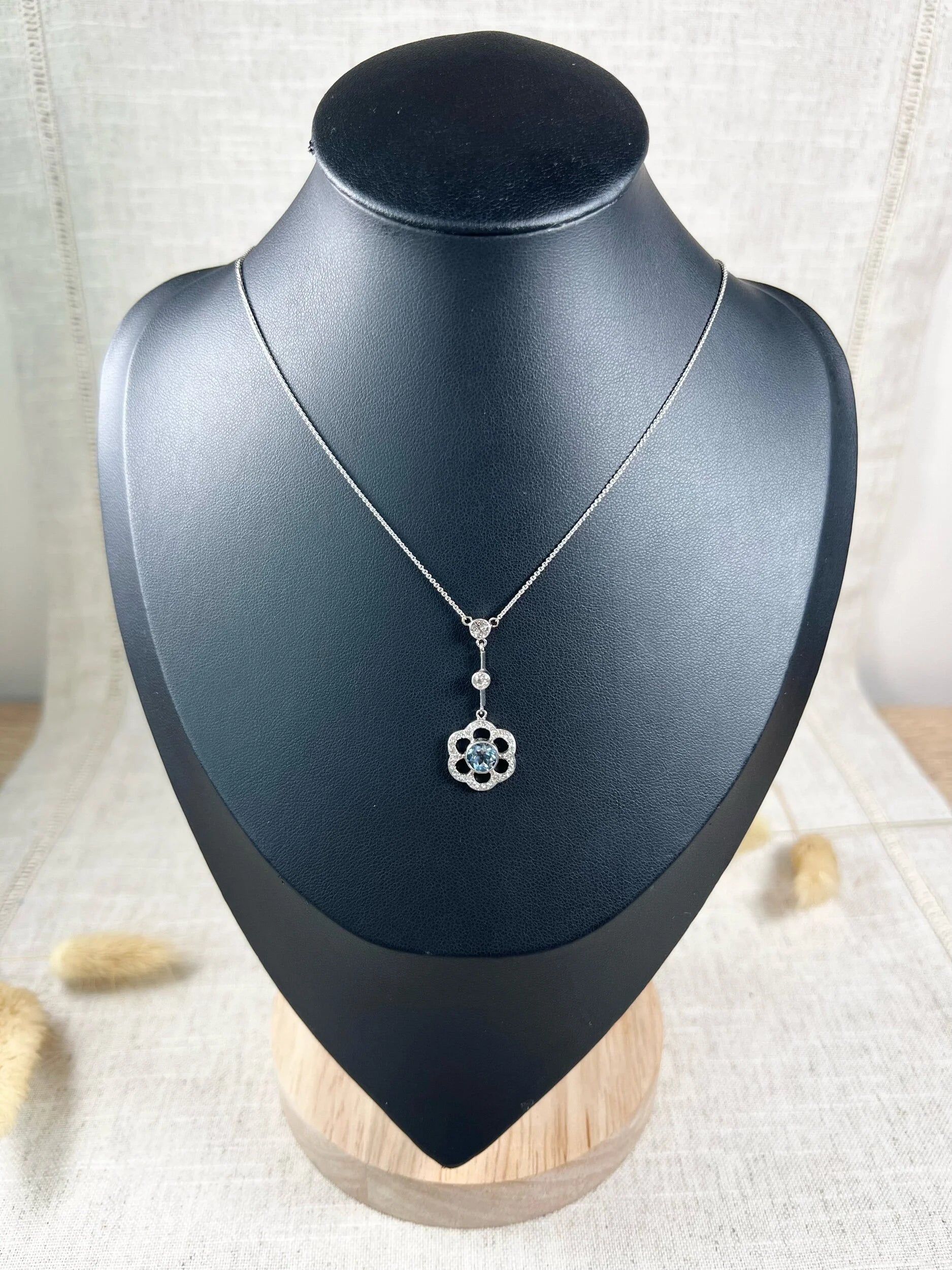 Antique 18 ct White Gold Aquamarine And Diamond Articulated Flower Pendant Necklace