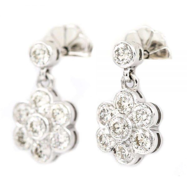 1.42 Carat Diamond Daisy Drop 18ct White Gold Earrings