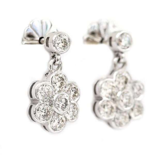 1.42 Carat Diamond Daisy Drop 18ct White Gold Earrings