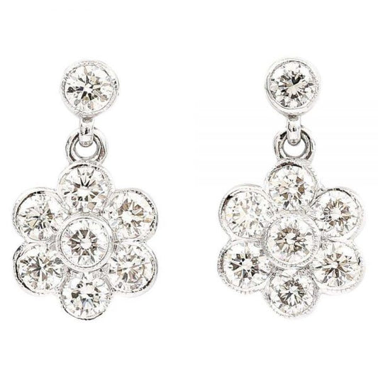1.42 Carat Diamond Daisy Drop 18ct White Gold Earrings