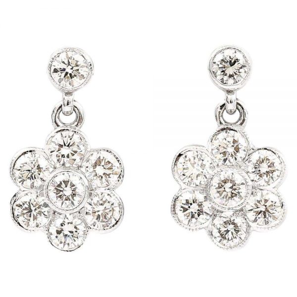 1.42 Carat Diamond Daisy Drop 18ct White Gold Earrings