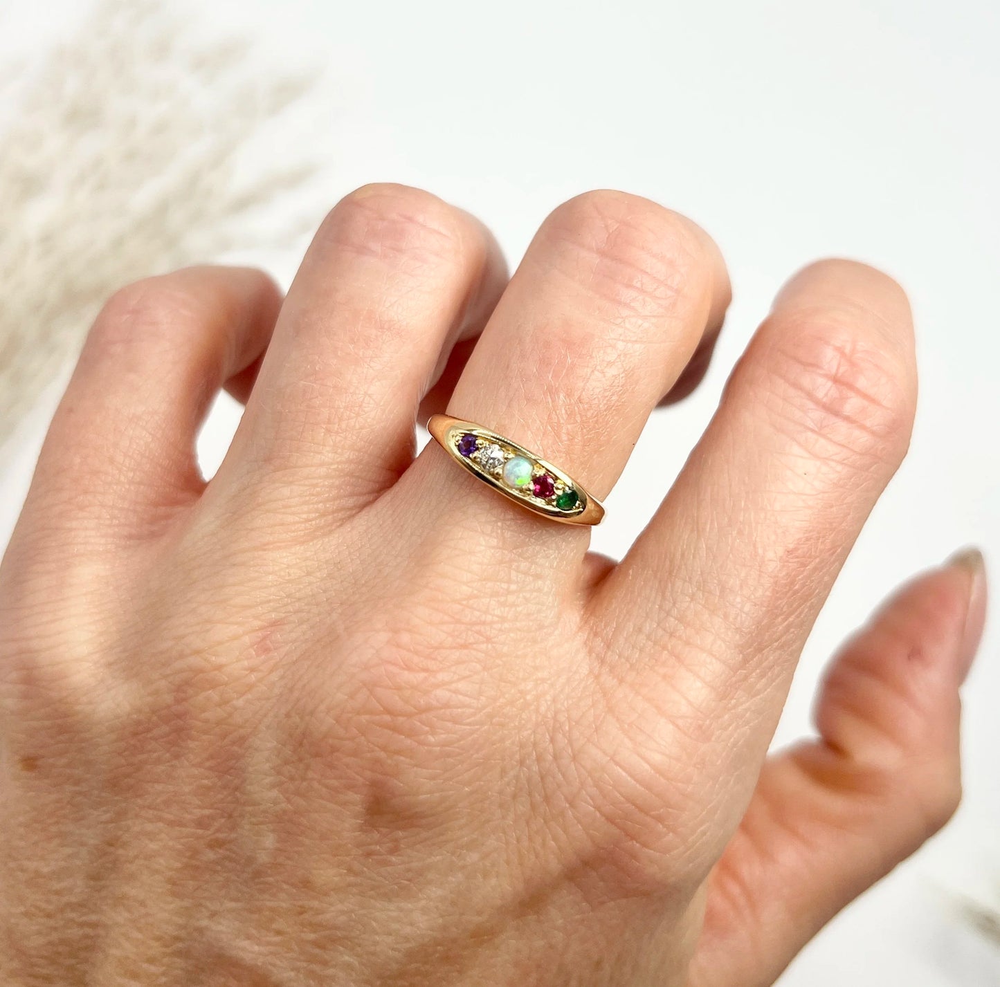 Antique 18ct Yellow Gold, Edwardian ADORE Amethyst, Diamond, Opal, Ruby & Emerald Boat Shaped Acrostic Ring, Hallmarked Birmingham