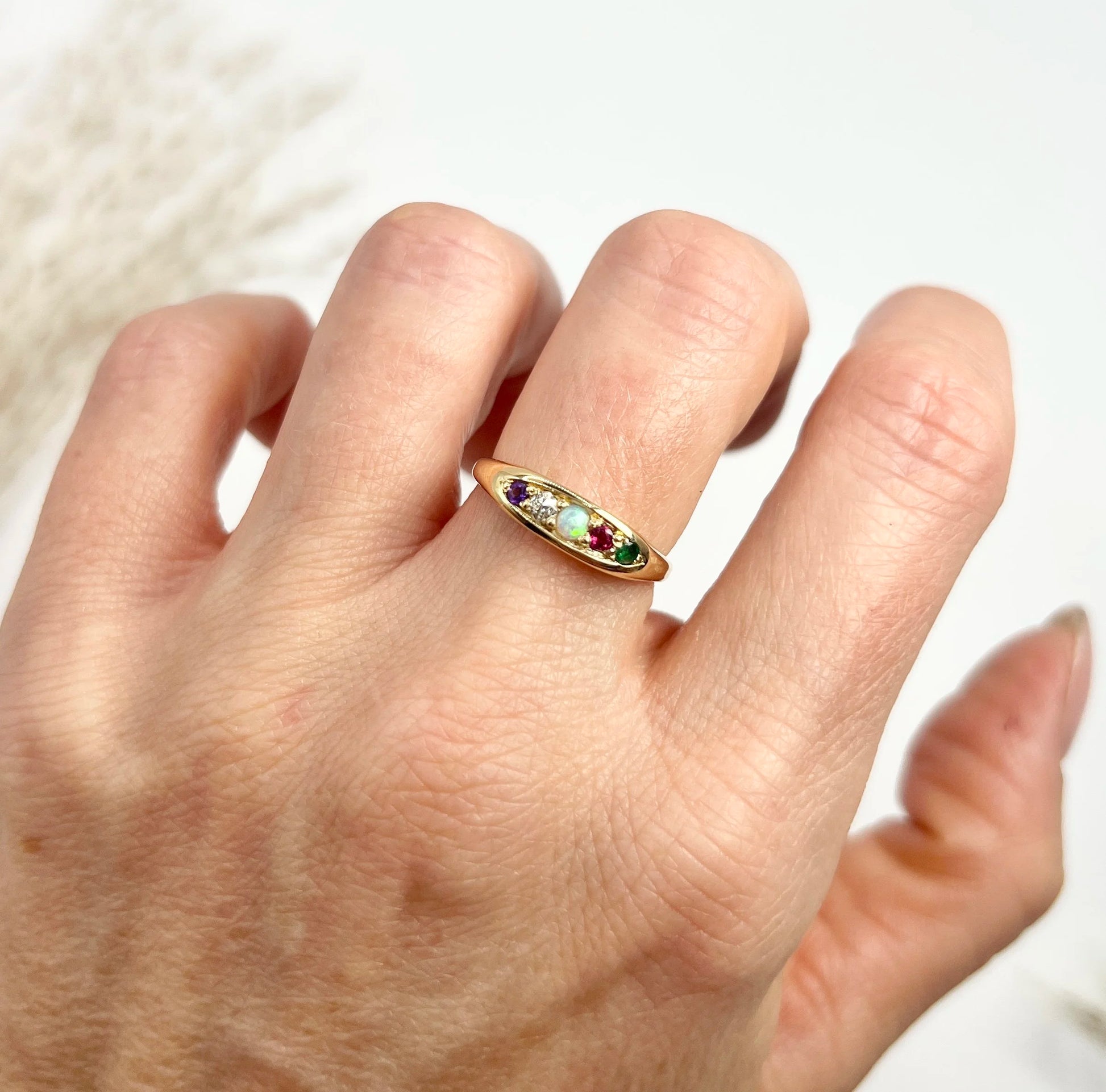 Antique 18ct Yellow Gold, Edwardian ADORE Amethyst, Diamond, Opal, Ruby & Emerald Boat Shaped Acrostic Ring, Hallmarked Birmingham