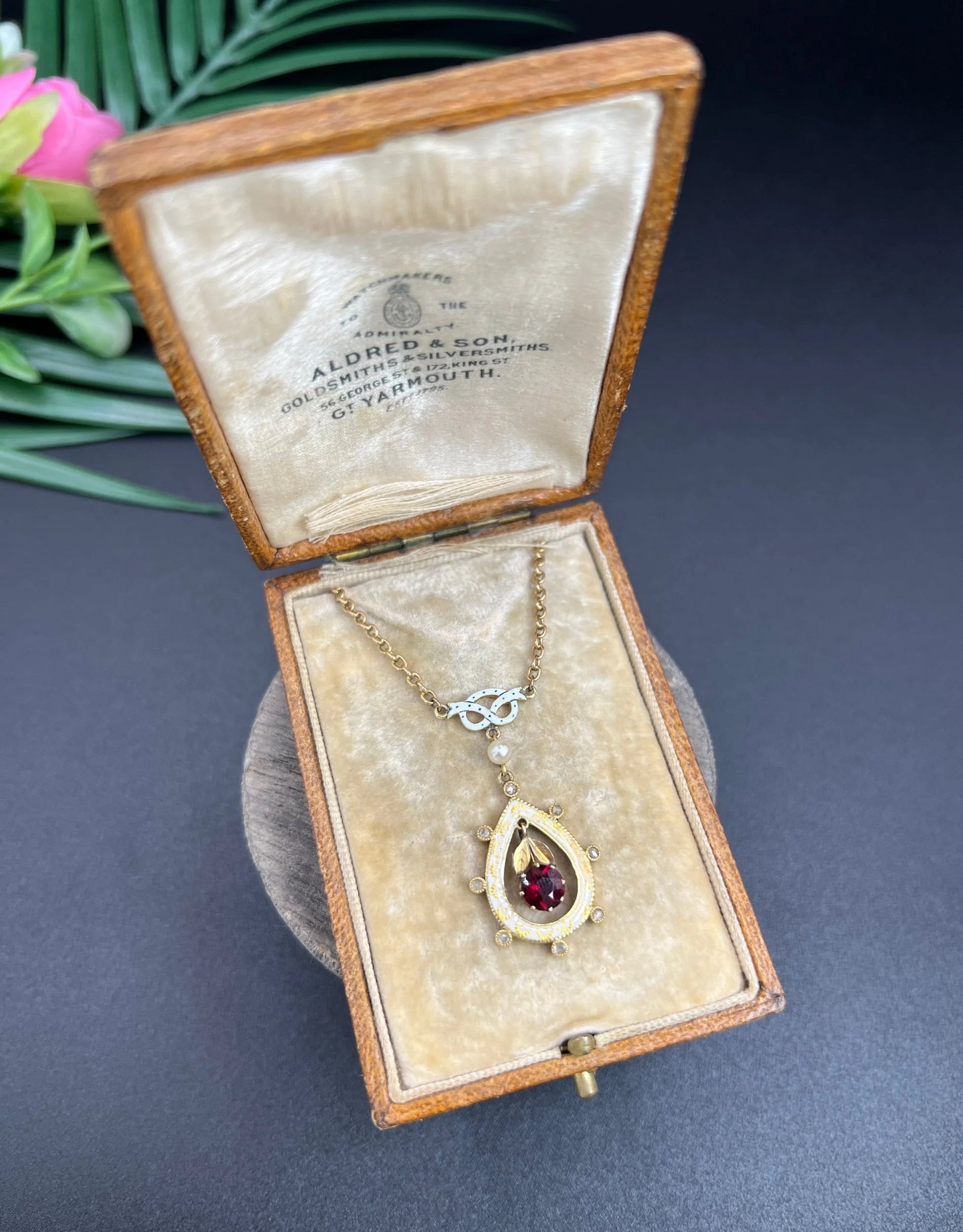Antique 15 ct Gold, Edwardian Garnet, Diamond, Seed Pearl And Enamel Pendant Necklace
