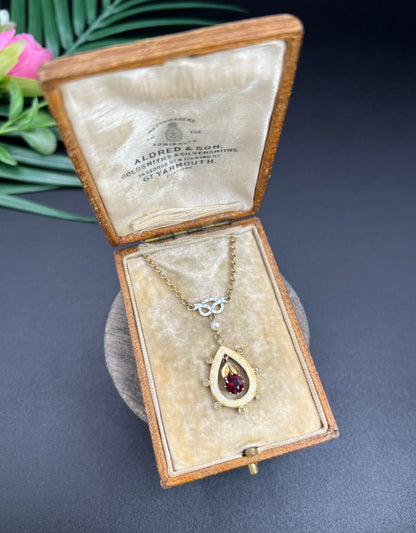 Antique 15 ct Gold, Edwardian Garnet, Diamond, Seed Pearl And Enamel Pendant Necklace