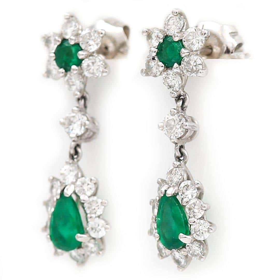 Vintage 18ct White Gold Emerald and Diamond Drop Earrings Circa 1976