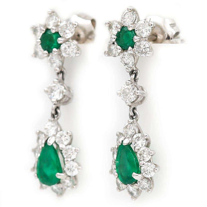 Vintage 18ct White Gold Emerald and Diamond Drop Earrings Circa 1976