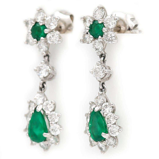Vintage 18ct White Gold Emerald and Diamond Drop Earrings Circa 1976