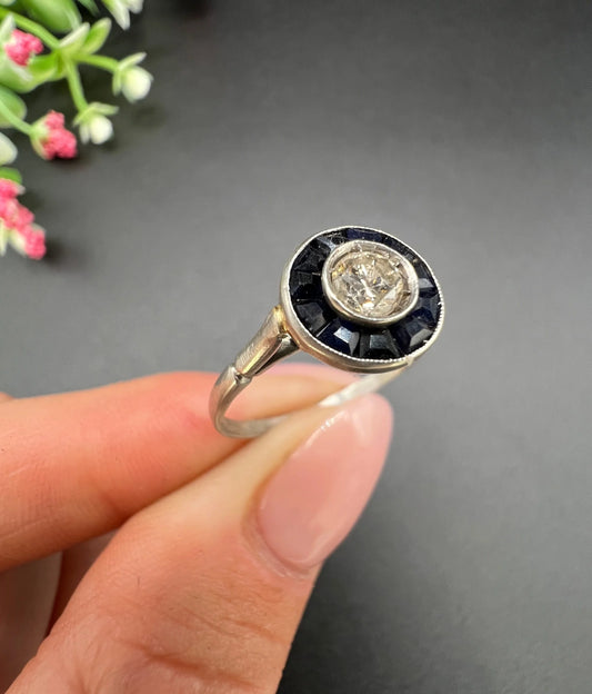 Antique 18ct White Gold and Platinum, Original Art Deco Sapphire and Diamond Target Ring