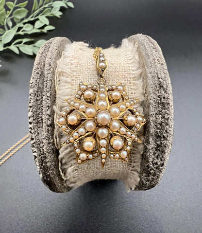 A yellow gold brooch/pendant with pearls in the shape of a star, with a chain
