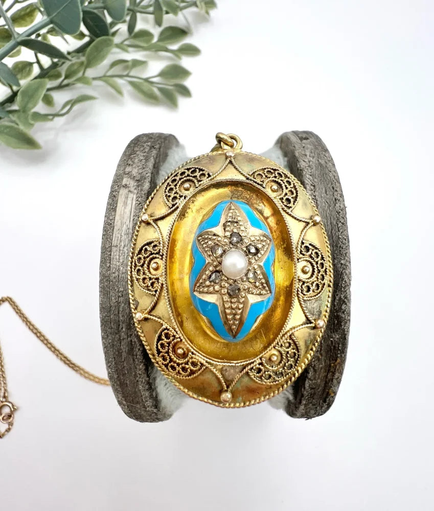 Antique 15 Carat Yellow Gold Locket/Pendant With Enamel And Gemstones