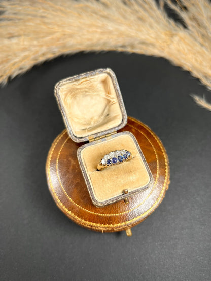 Victorian 18 Carat Gold Sapphire and Diamond Boat Shaped Ring, Circa 1880
