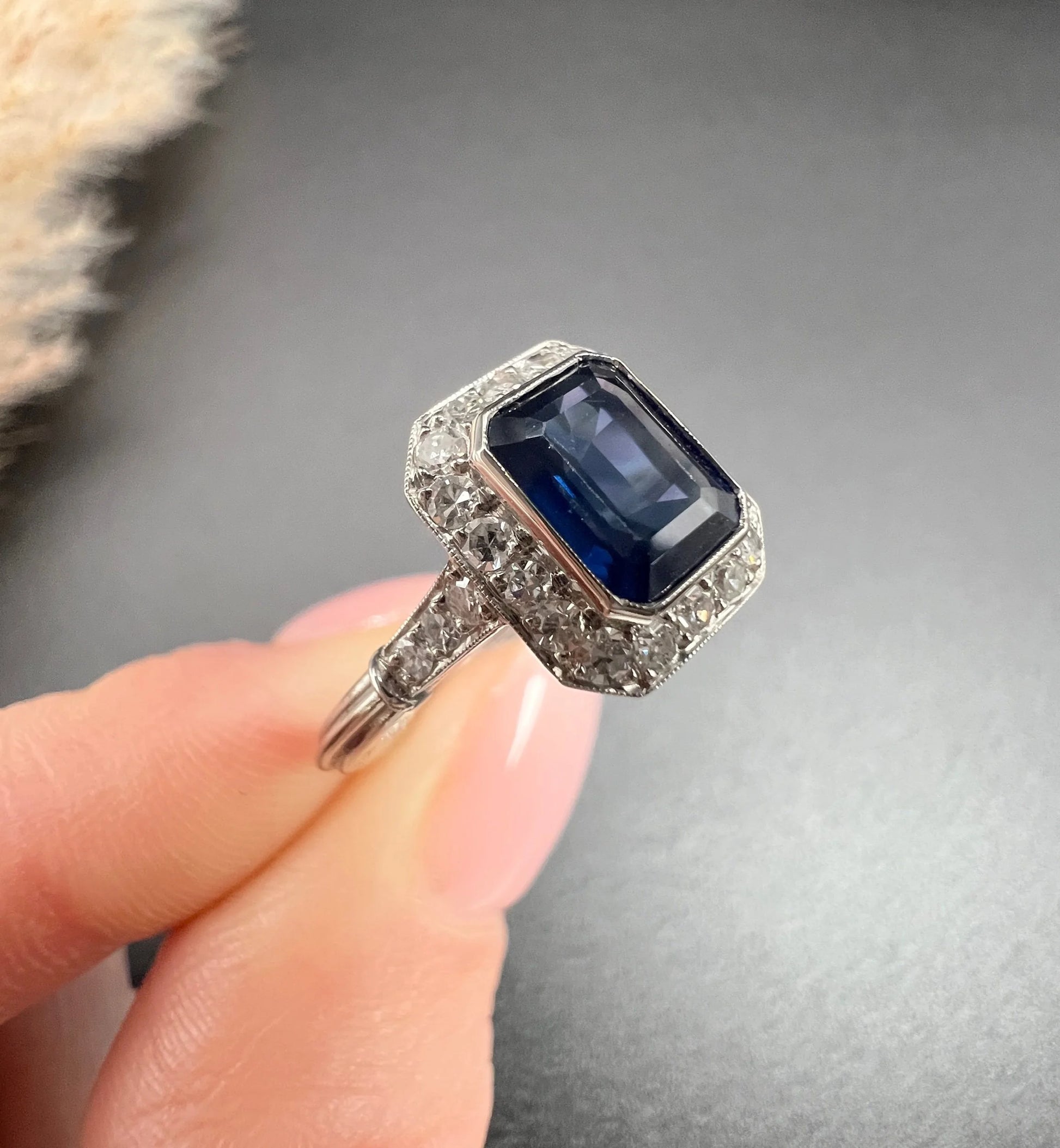 Vintage Art Deco Style Sapphire and Diamond Cluster Engagement Ring in 18ct White Gold