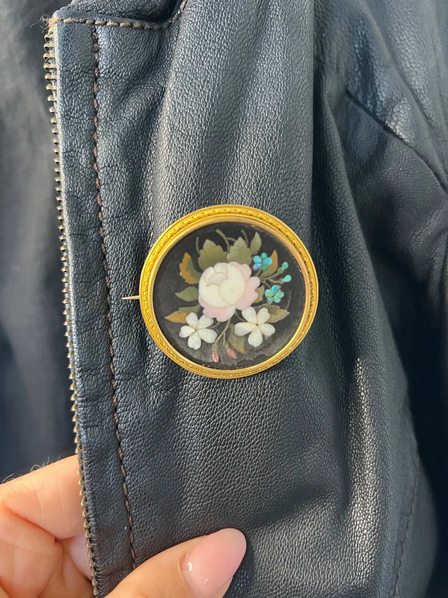 Victorian 15 Carat Gold Pietra Dura Floral Mosaic Brooch, Circa 1880