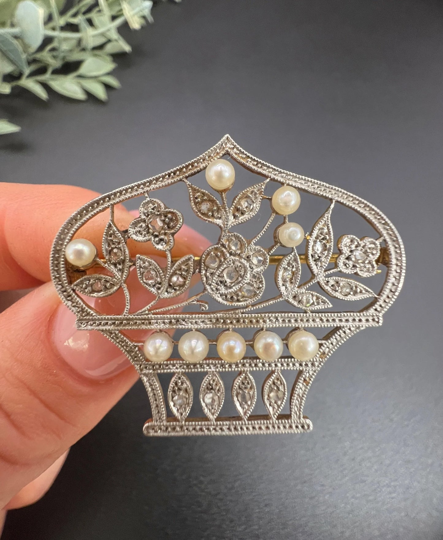 Belle Epoque 18 Carat Gold, Platinum, Diamond and Pearl Flower Basket Brooch/Pendant