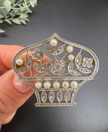 Belle Epoque 18 Carat Gold, Platinum, Diamond and Pearl Flower Basket Brooch/Pendant