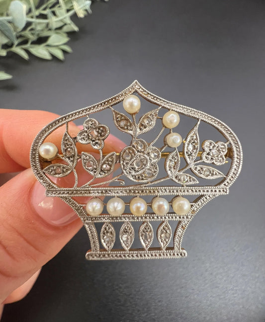 Belle Epoque 18 Carat Gold, Platinum, Diamond and Pearl Flower Basket Brooch/Pendant