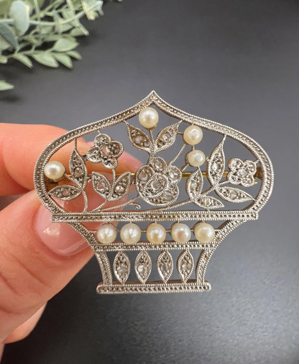 Belle Epoque 18 Carat Gold, Platinum, Diamond and Pearl Flower Basket Brooch/Pendant