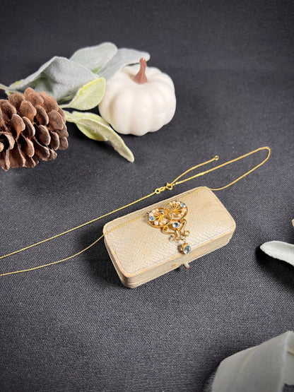 Antique 15 ct Gold Edwardian Aquamarine And Seed Pearl Pendant Necklace