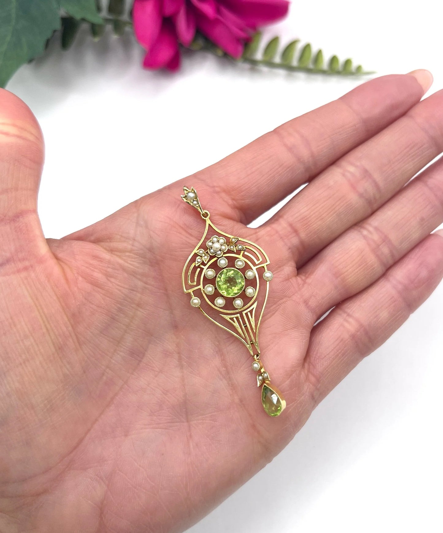 Antique 15 Carat Yellow Gold Peridot and Seed Pearl Drop Pendant, Circa 1910