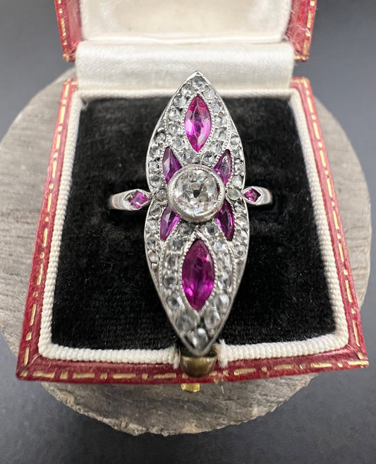 Edwardian Antique Ruby and Diamond Marquise Cluster Navette Ring