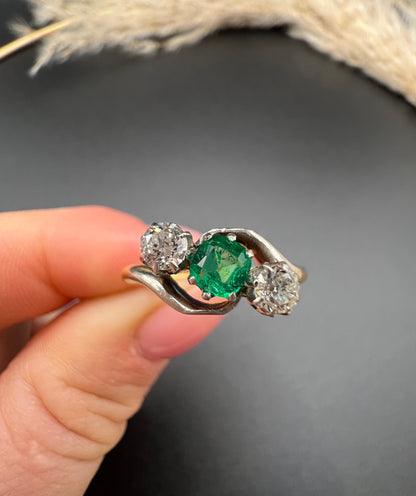 Antique 18 ct Gold And Platinum 1920's Emerald And Diamond Crossover Trilogy Engagement Ring