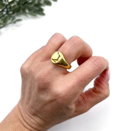 A yellow gold oval signet ring with a seal engraved heraldic crest, modelled on a hand