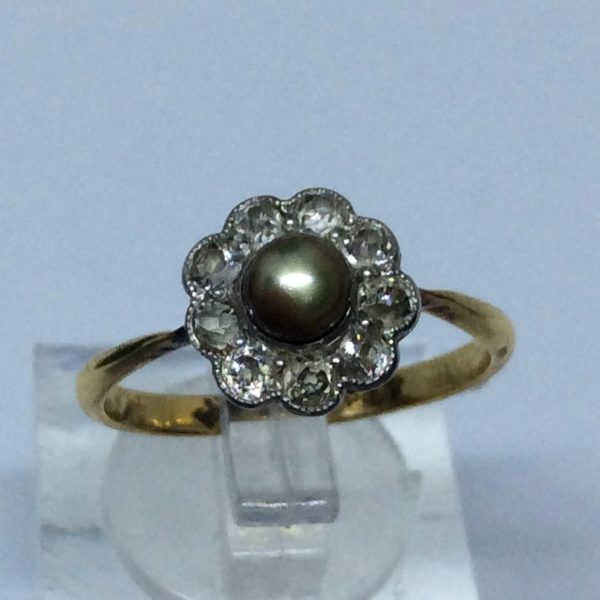 Antique Brown Pearl and Old Cut Diamond Cluster Ring