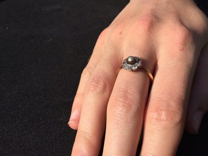 Antique Brown Pearl and Old Cut Diamond Cluster Ring