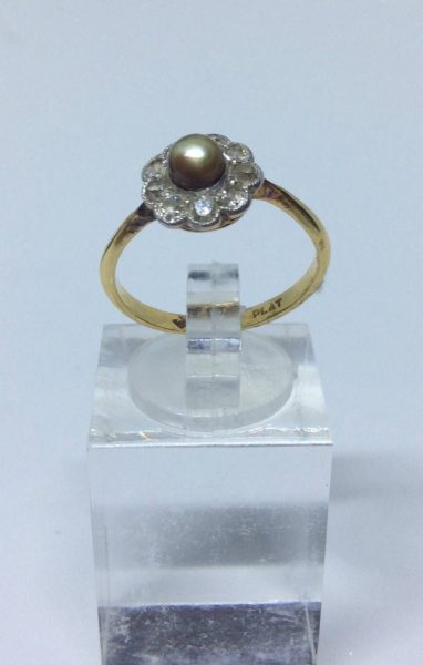 Antique Brown Pearl and Old Cut Diamond Cluster Ring