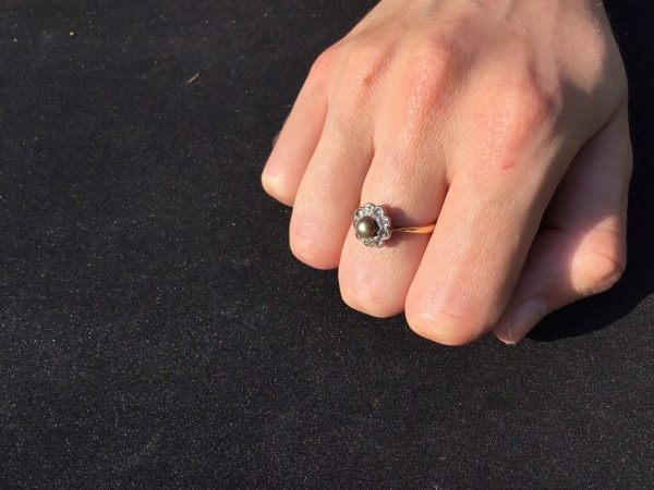 Antique Brown Pearl and Old Cut Diamond Cluster Ring