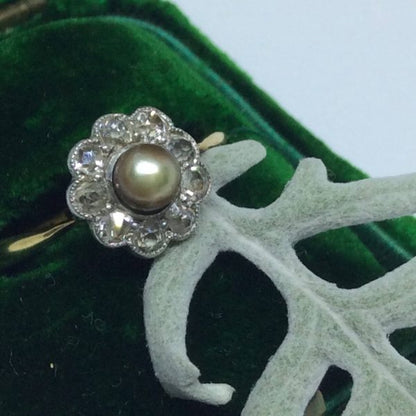 Antique Brown Pearl and Old Cut Diamond Cluster Ring