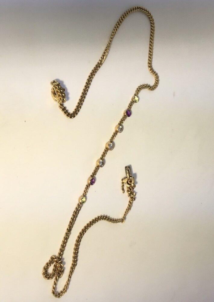 Vintage Suffragette Colours Peridot, Amethyst and Diamond Set Necklace, 18ct Yellow Gold