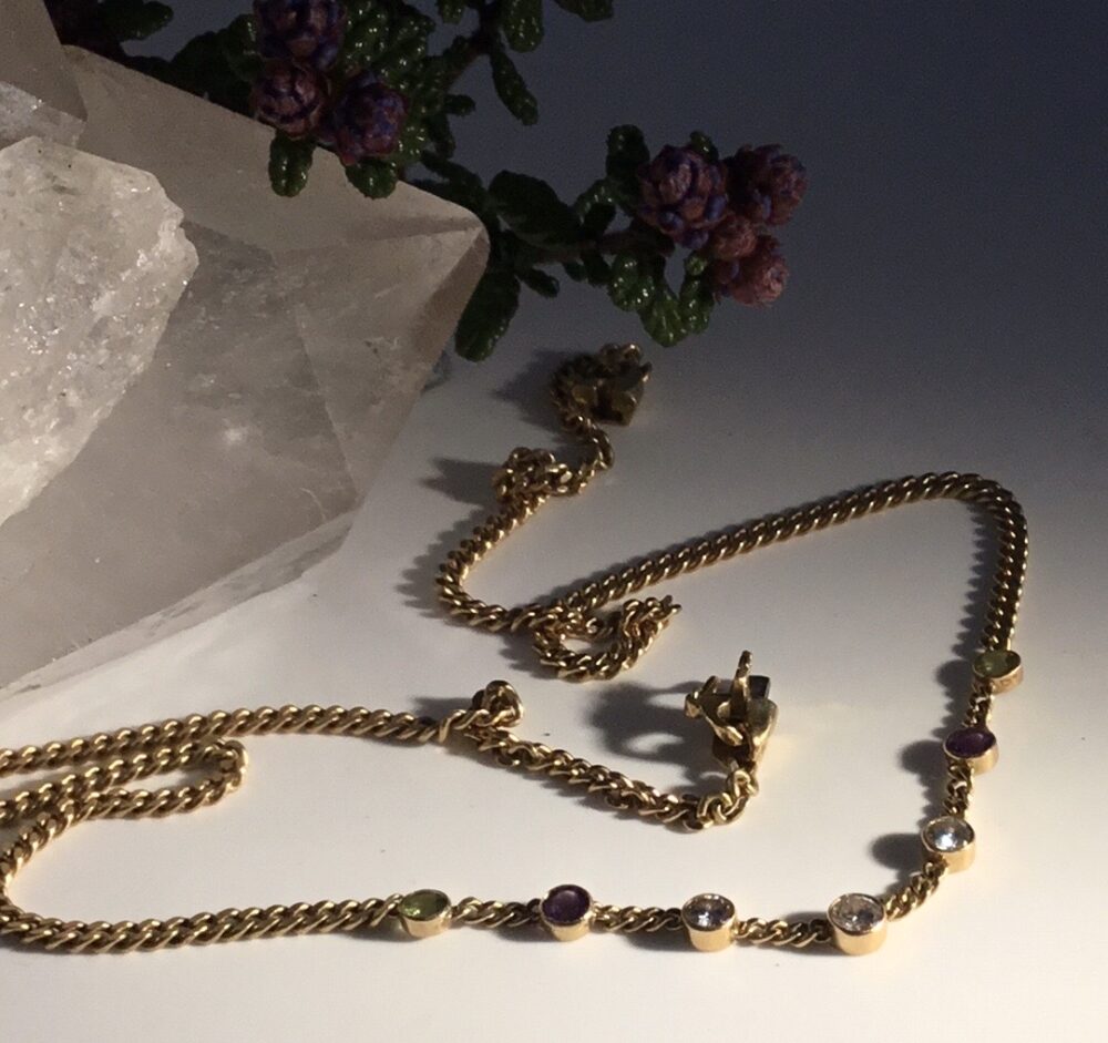 Vintage Suffragette Colours Peridot, Amethyst and Diamond Set Necklace, 18ct Yellow Gold